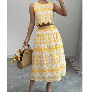 Boho Floral Embroidered Sleeveless High Waisted Midi Skirt Set Medium